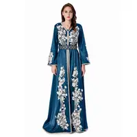 

Elegant Blue Satin With White Appliqued Flower And Blue Beaded Arab Abaya Kaftan With Beaded Belt Long Open Big Sleeves Dress