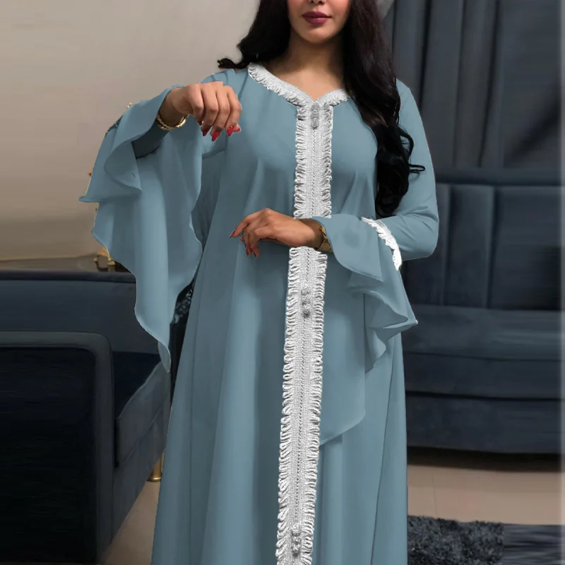 Moslem Robe Jalabiya Blue Robe Dress with Lotus Sleeves and Embroidered Gold Flower Rim islam clothing dress 2021 Fashion abaya
Moslem Robe Jalabiya Blue Robe Dress with Lotus Sleeves and Embroidered Gold Flower Rim islam clothing dress 2021 Fashion abaya