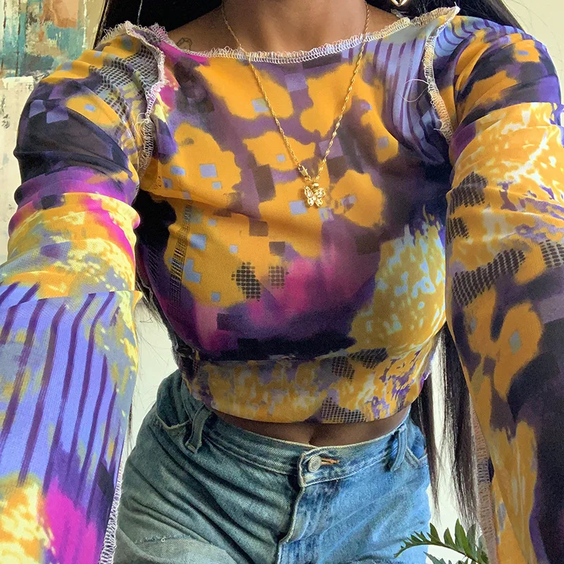 Vetement Femme Gros Vetement Hippie Chic Sheer Mesh Print T-Shirt Woman Crop Top, Customized color
Vetement Femme Gros Vetement Hippie Chic Sheer Mesh Print T-Shirt Woman Crop Top, Customized color