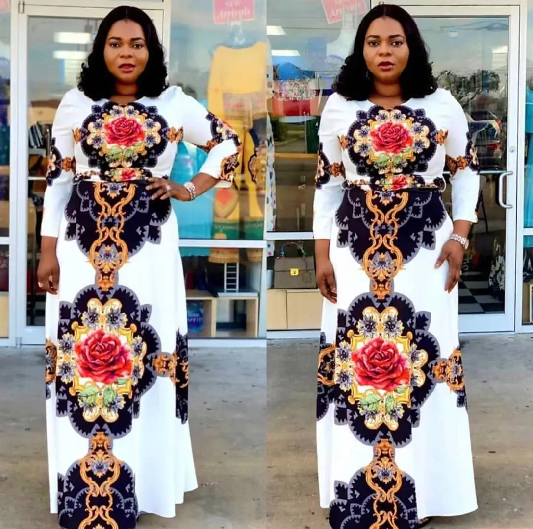 African fashion long gown round neck printing flower 3 quarter hand loose body long dress with material belt
African fashion long gown round neck printing flower 3 quarter hand loose body long dress with material belt