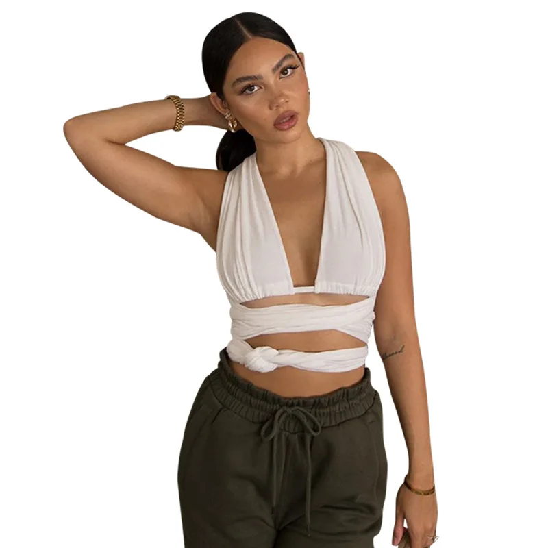 New Designer Sexy Blusas Bandage Crop Top v-Neck Sleeveless Halter Cross Strapless Camiseta White Women's Plain t Shirt
New Designer Sexy Blusas Bandage Crop Top v-Neck Sleeveless Halter Cross Strapless Camiseta White Women's Plain t Shirt