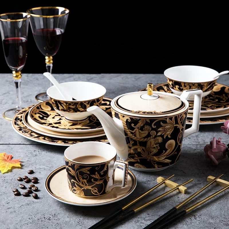 New Design Ceramic Plates Luxury Black Gold Dinner Set Bone China Dinnerware Sets Luxury Porcelain Tableware
New Design Ceramic Plates Luxury Black Gold Dinner Set Bone China Dinnerware Sets Luxury Porcelain Tableware