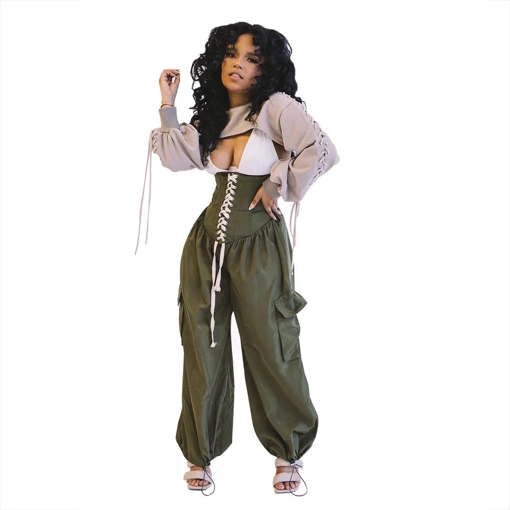 2021 Women's Clothing Wholesale Fashion Wide Legged Trousers High Waist Corn-eye Draswsting Wide Leg Women Cargo Pants, Black/green
2021 Women's Clothing Wholesale Fashion Wide Legged Trousers High Waist Corn-eye Draswsting Wide Leg Women Cargo Pants, Black/green