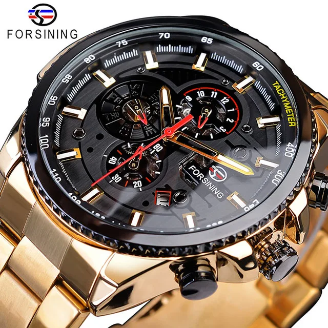

Forsining Men Automatic Watch Steel Luxury Calendar 3 Sub Dial Wristwatch Mechanical Waterproof Watches Men Wrist Relogio, 13-colors