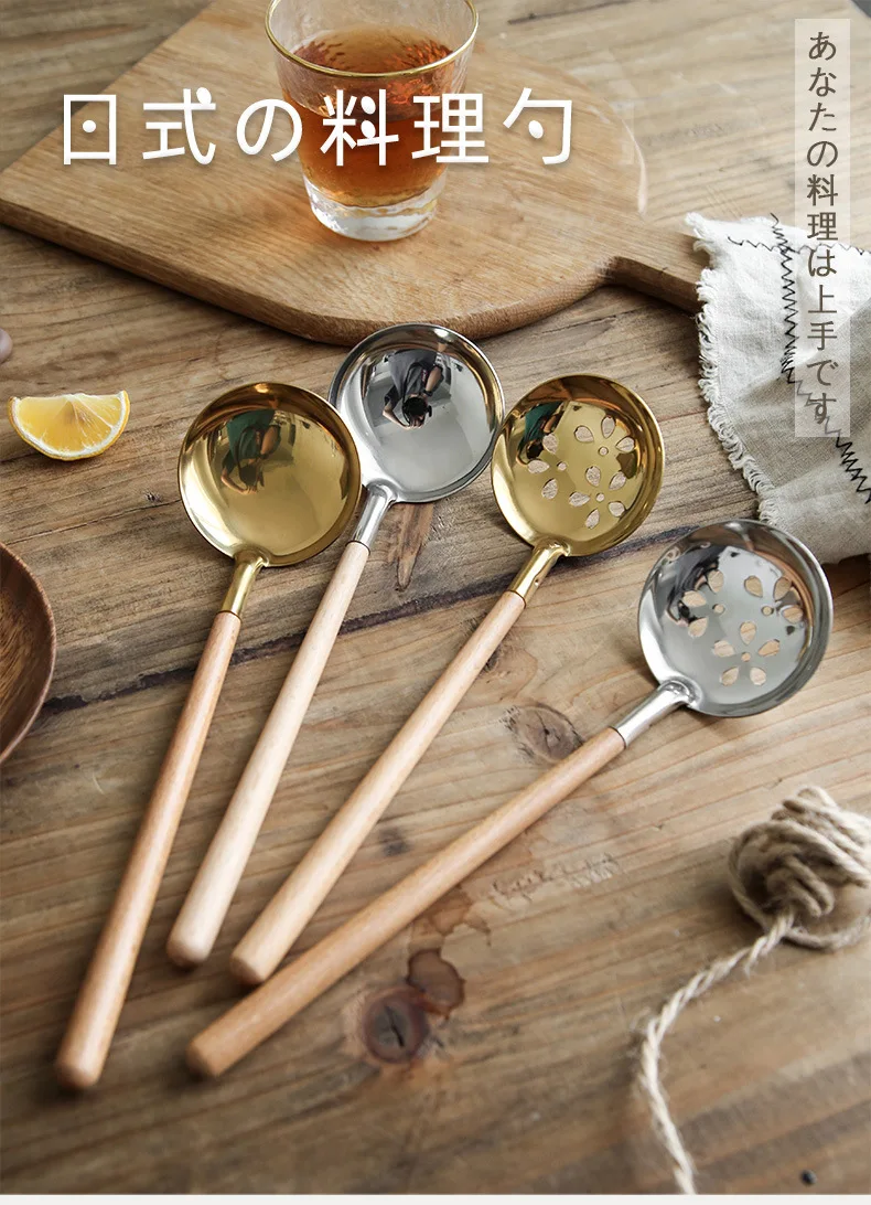 Customized Logo Wholesale Stainless Steel Soup Ladle Spoon Gold Hot Pot Spoon With Wooden Handle