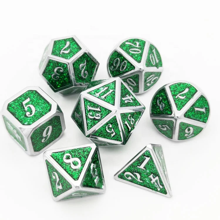 Polyhedral metal dice green flash powder enamel dice dnd game dice set 7 d6 d20 d4 d12 d24
Polyhedral metal dice green flash powder enamel dice dnd game dice set 7 d6 d20 d4 d12 d24