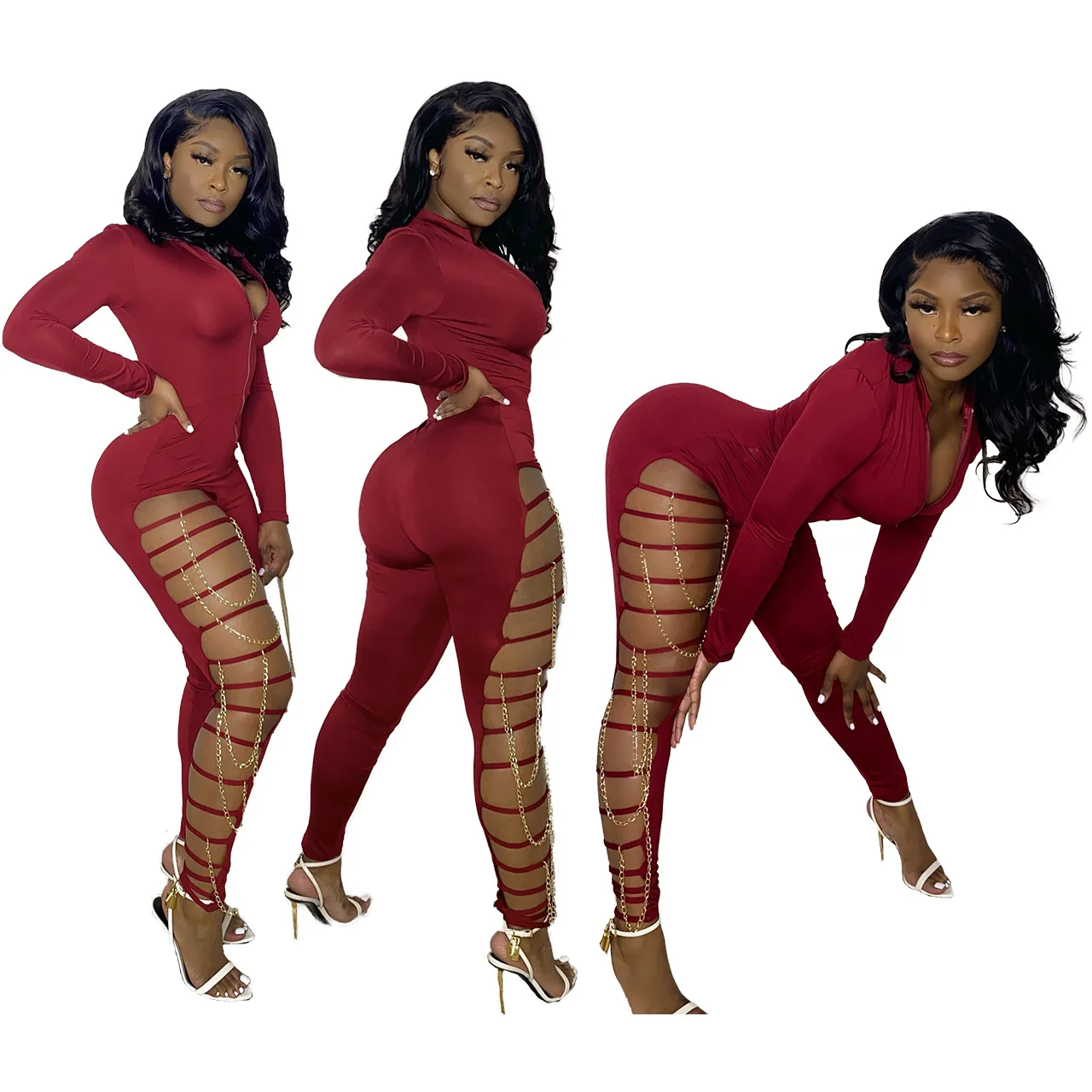 2021 Latest Design Sexy Club Wear Hollow Out Zipper Jumpsuit With Chain Women Long Sleeve One Piece Jumpsuits, Wine red
2021 Latest Design Sexy Club Wear Hollow Out Zipper Jumpsuit With Chain Women Long Sleeve One Piece Jumpsuits, Wine red