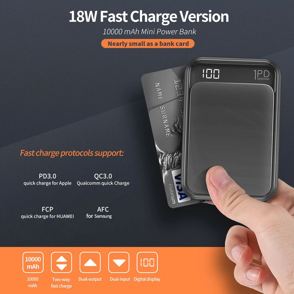 Hot Selling ROCK Mini PD 10000mah Fast charges Power Bank Portable External Battery PD3.0 QC3.0 FCP Powerbank For Samsung iPhone - ANKUX.COM