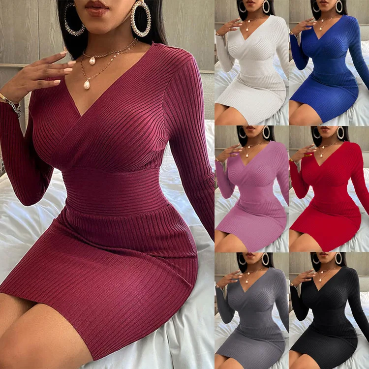 

2021 hot sale solid color V neck knitting slim women fall ribbed long sleeve elegant dress