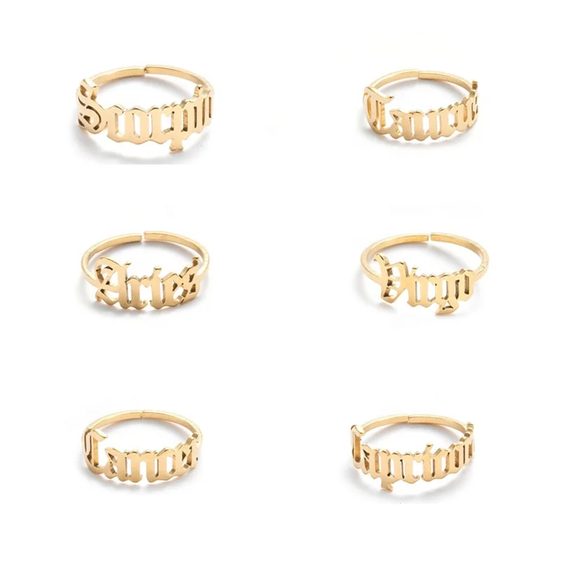 Hot sale new zodiac ring letter Adjustable opening stainless steel English ladies ring gold, Gold color/white gold 
Hot sale new zodiac ring letter Adjustable opening stainless steel English ladies ring gold, Gold color/white gold