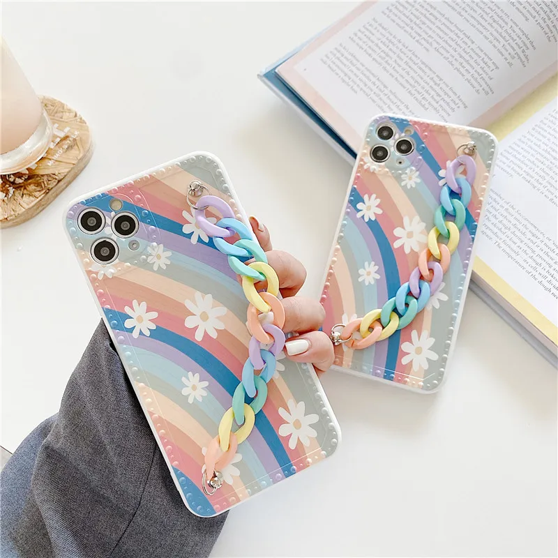 Rainbow flower bracelet wrist chain silicone phone case for iphone 12 pro max, for iphone 12 flower wrist strap case
Rainbow flower bracelet wrist chain silicone phone case for iphone 12 pro max, for iphone 12 flower wrist strap case