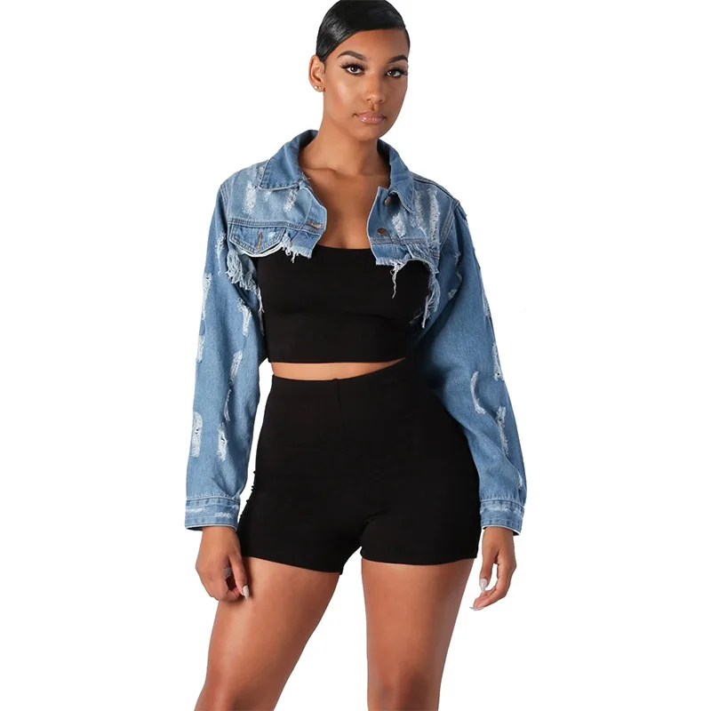 Wholesale ladies fashion cardigan sexy long sleeve light blue ripped ultra short denim jacket for women clothing, Denim blue
Wholesale ladies fashion cardigan sexy long sleeve light blue ripped ultra short denim jacket for women clothing, Denim blue