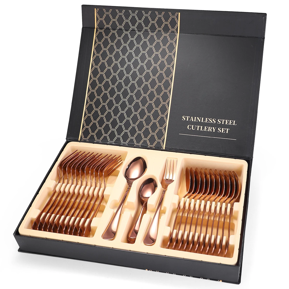 Hot Selling Luxury 1010 Stainless Steel 36 pcs Rose Gold Cutlery Set Silverware With Gift Box Case
Hot Selling Luxury 1010 Stainless Steel 36 pcs Rose Gold Cutlery Set Silverware With Gift Box Case