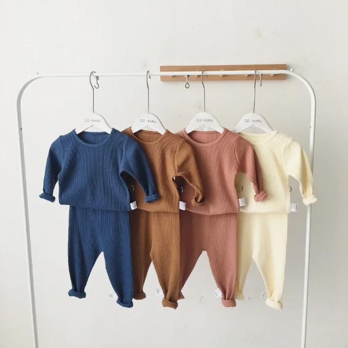 

Rib children clothes brown color 2 pcs fitted wear cotton pajamas, As picture