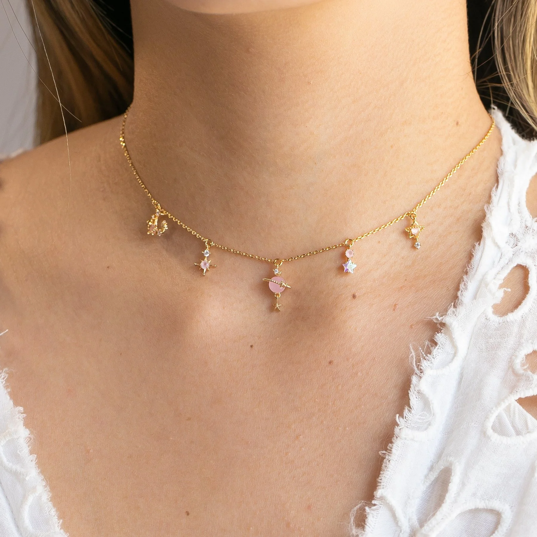 Trendy moon north star Saturn pendant pink crystal girl women delicacy choker necklace, Customized
Trendy moon north star Saturn pendant pink crystal girl women delicacy choker necklace, Customized