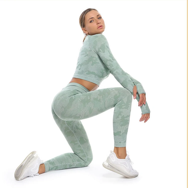 Yoga Suits Long Sleeve Camo Jacquard Fitness Activewear Seamless Tracksuit Sets, Green, black, pink