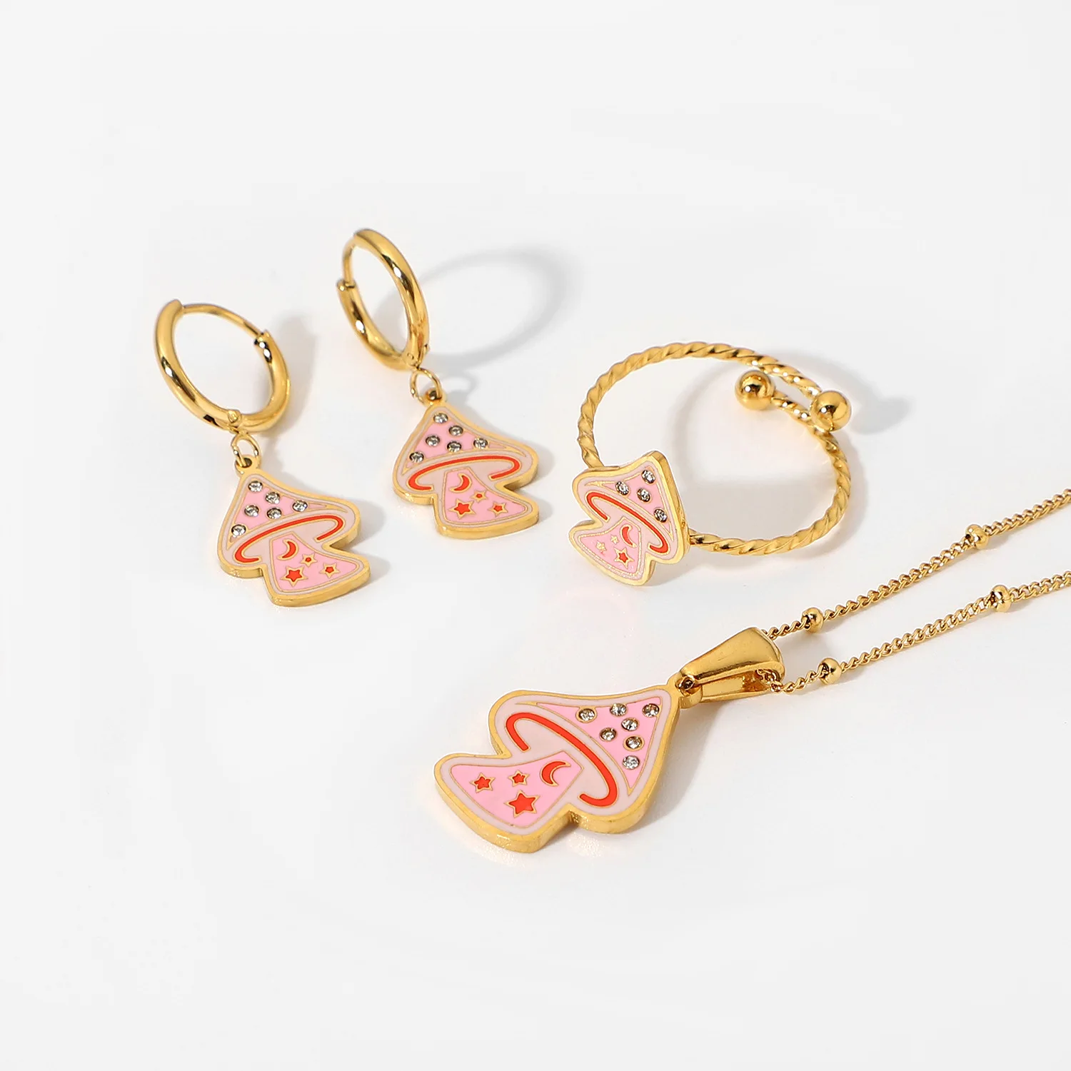 pink mushroom open rings pendant necklaces drop earrings sets for girl fashion enamel stainless steel gold plated jewelry women
pink mushroom open rings pendant necklaces drop earrings sets for girl fashion enamel stainless steel gold plated jewelry women