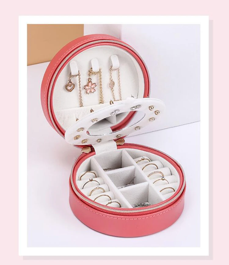 Hot sales round jewellry box Zipper premium design organizer travel carrying cases storage with mirror leather jewelry boxes, Customized color
Hot sales round jewellry box Zipper premium design organizer travel carrying cases storage with mirror leather jewelry boxes, Customized color