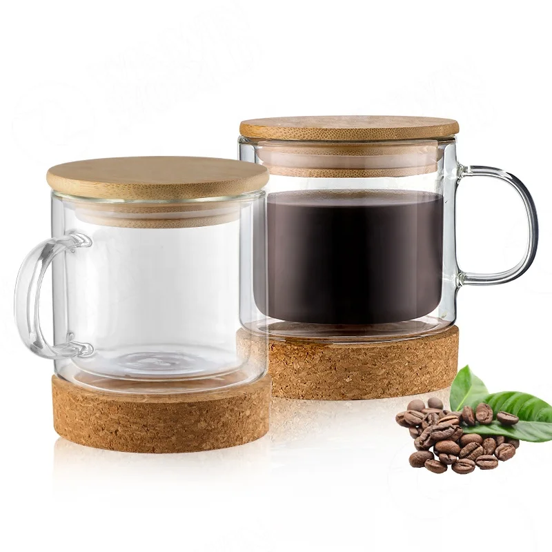 Heat resistant insulated glass coffee cup with bamboo cover and cork base 9oz, Custom borosilicate glass coffee cup, Transparent
Heat resistant insulated glass coffee cup with bamboo cover and cork base 9oz, Custom borosilicate glass coffee cup, Transparent