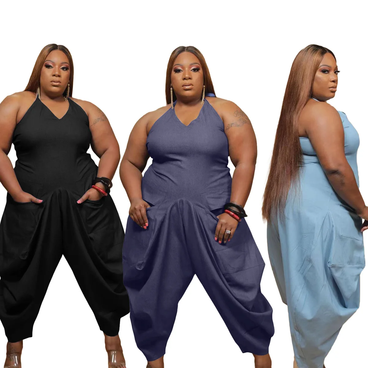 Plus Size Women Summer Rompers Solid Long Jumpsuits Casual V Neck Halter Sleeveless Overalls Harem Pants Jumpsuit Women 2021, Black, smoky gray, light blue
Plus Size Women Summer Rompers Solid Long Jumpsuits Casual V Neck Halter Sleeveless Overalls Harem Pants Jumpsuit Women 2021, Black, smoky gray, light blue