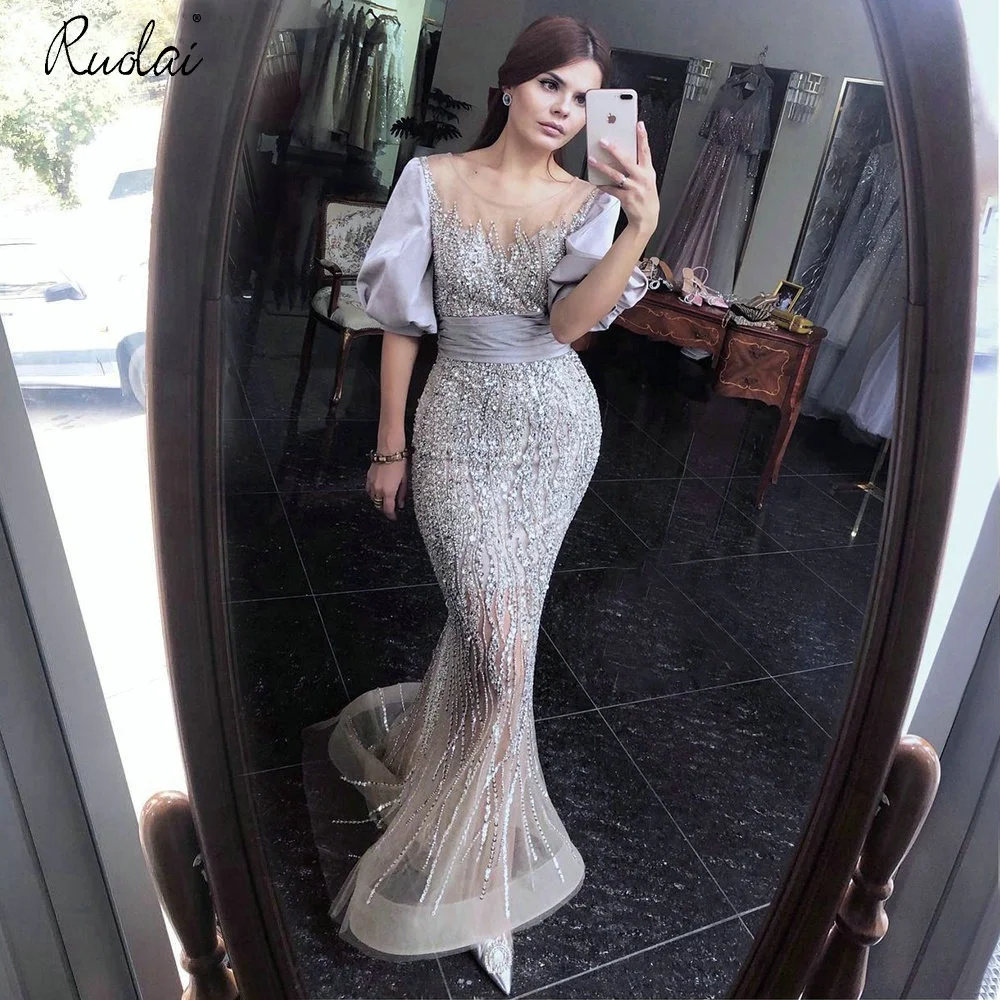 

ASWY001 Elegant Illusion Scoop Neck Beading Mermaid Evening Dress Sequined Short Sleeves Party Gowns, As picture