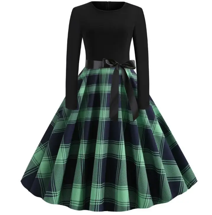 Fashion plaid printing Womens skirt Round collar loose Long Christmas dress with bow
Fashion plaid printing Womens skirt Round collar loose Long Christmas dress with bow