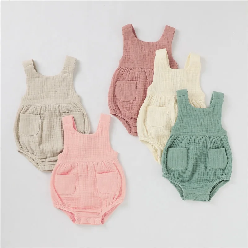 Summer Organic Cotton Muslin Baby Clothes Sleeveless Romper Strap Pants With Pocket Solid Baby Bodysuit
Summer Organic Cotton Muslin Baby Clothes Sleeveless Romper Strap Pants With Pocket Solid Baby Bodysuit