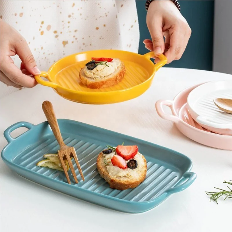 Nordic Ceramic binaural bakeware solid color rectangular round plate baking pan dish, Blue,yellow,white
Nordic Ceramic binaural bakeware solid color rectangular round plate baking pan dish, Blue,yellow,white