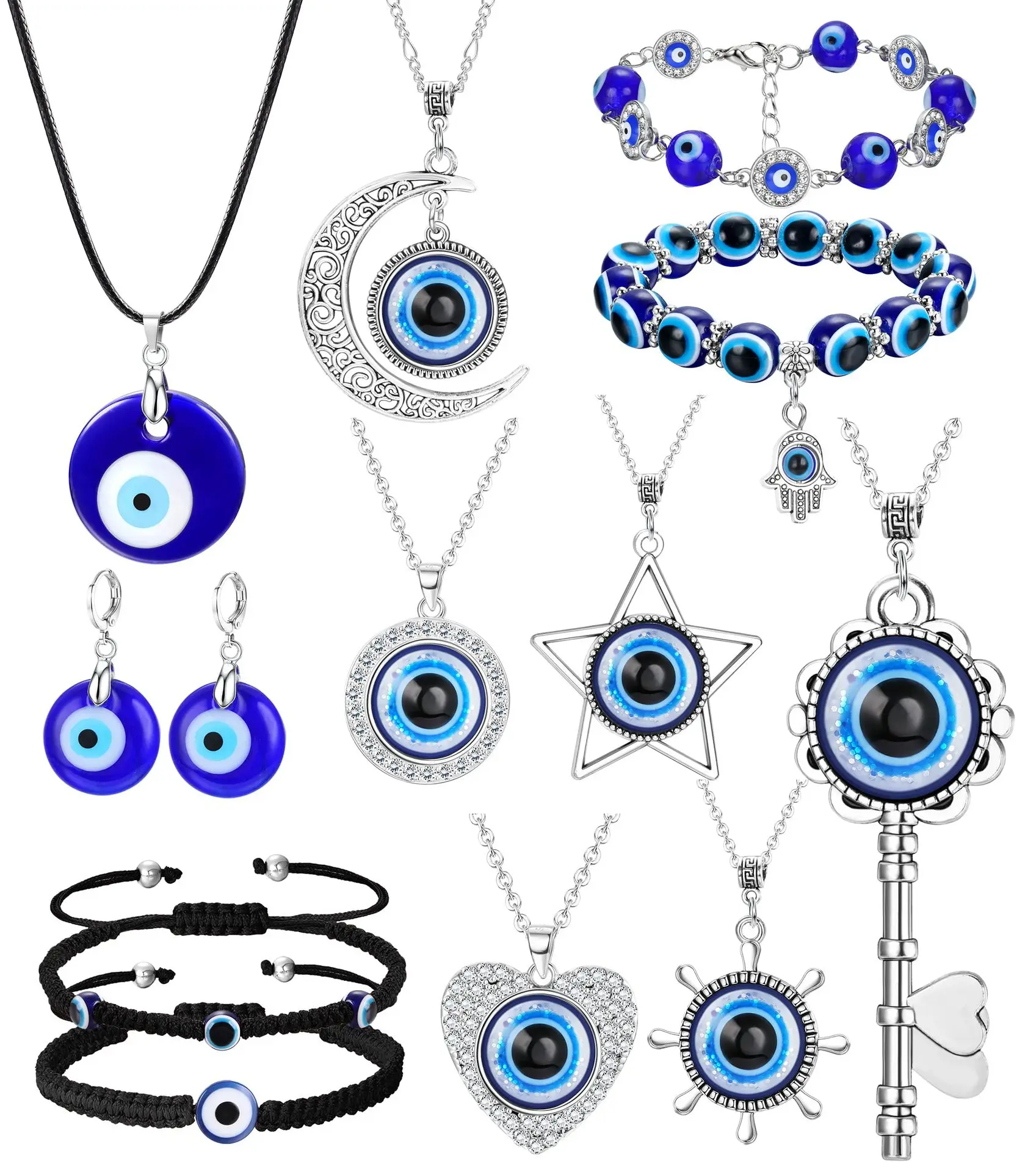 Simple Glass Large 18K Black Rope Eye Hamsa Evil Heart Sun Key Necklace And Earring Adjustable Ring Bead Charm Bracelet Jewelry, Mix color
Simple Glass Large 18K Black Rope Eye Hamsa Evil Heart Sun Key Necklace And Earring Adjustable Ring Bead Charm Bracelet Jewelry, Mix color