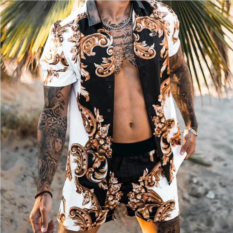 summer beach men hawaiian printing sets short sleeve button shirt casual streetwear 2 pieces suit
summer beach men hawaiian printing sets short sleeve button shirt casual streetwear 2 pieces suit