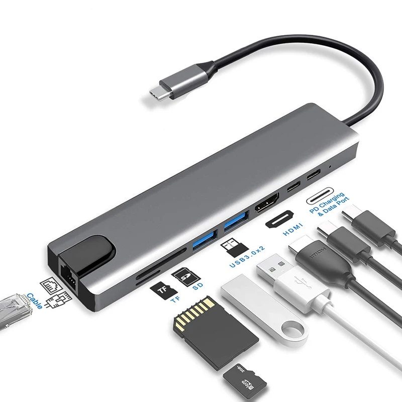 8 in 1 laptop Docking USB Type-C Hub New Arrival 8 in 1 Aluminum Multi Port Adapter USB 3.1 Hub, Grey
8 in 1 laptop Docking USB Type-C Hub New Arrival 8 in 1 Aluminum Multi Port Adapter USB 3.1 Hub, Grey