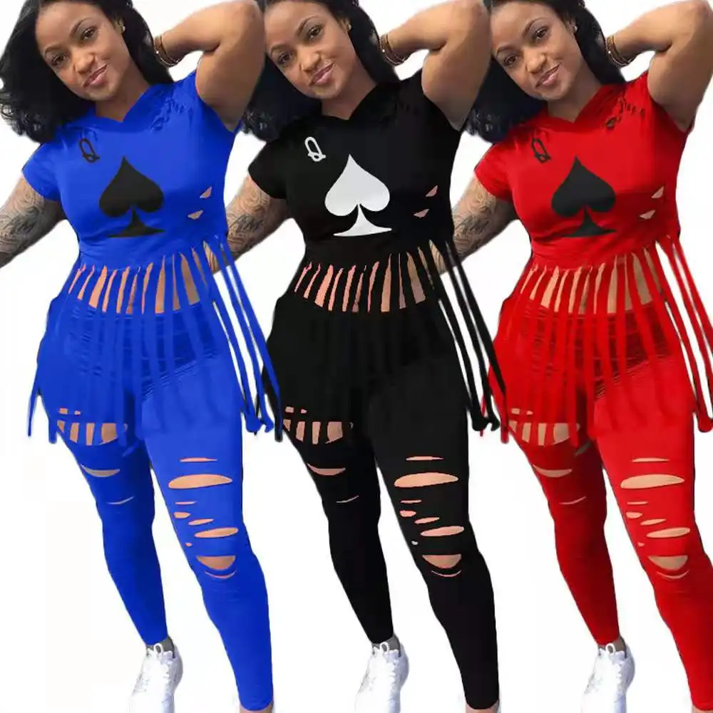 Trendy Two Piece Outfit Spades Q Printed tassel Short Sleeve T Shirt and Ripped Pants Set for Women
Trendy Two Piece Outfit Spades Q Printed tassel Short Sleeve T Shirt and Ripped Pants Set for Women