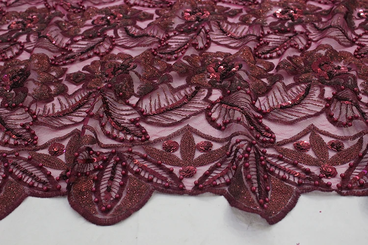 Bestway Wine Red Net French Embroidery Beaded Lace Fabric For Wedding