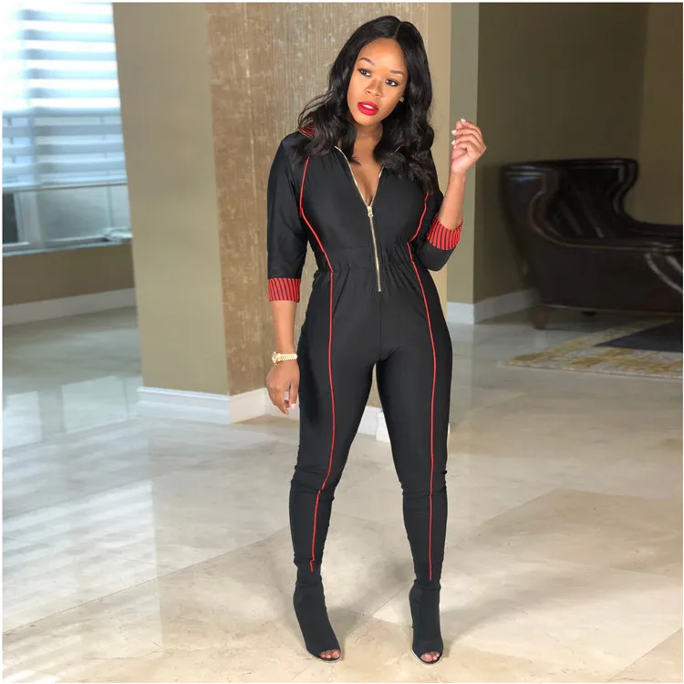 

AliExpress Women's Amazon eBay Europe and America Pure Color Sexy Long Sleeve Zipper Jumpsuit, Customized color