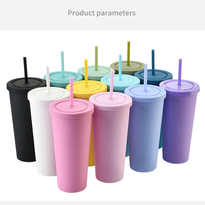 

wholesale bulk colorful 24oz 700ml double wall plastic matte water bottle with lid and straw reusable cups juice drink tumbler
