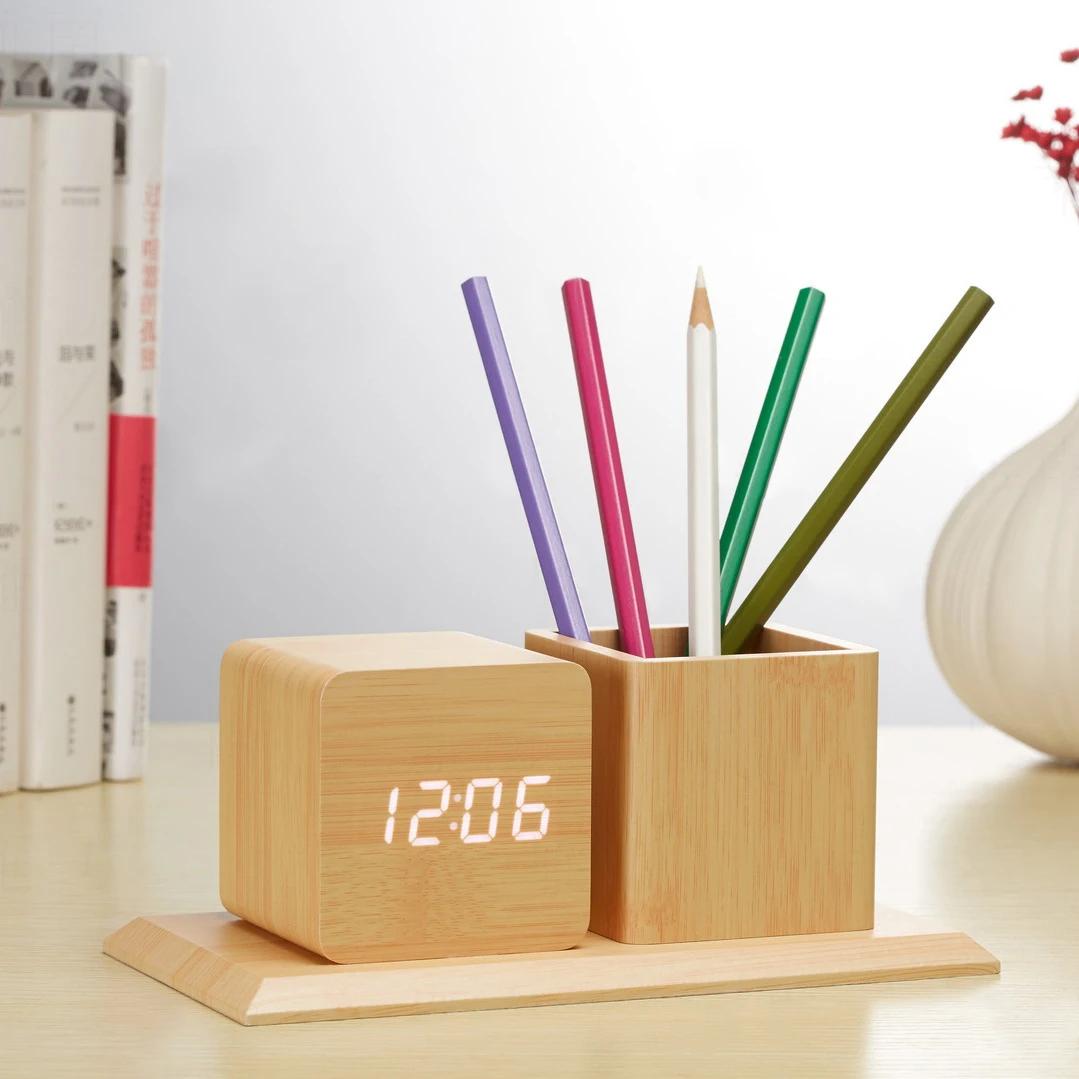 Unique design hot sale square Pen holder and led clock set digital Voice control wooden Alarm clock, Customized color
Unique design hot sale square Pen holder and led clock set digital Voice control wooden Alarm clock, Customized color