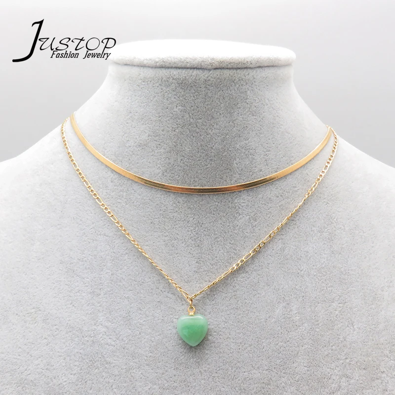 Stainless Steel Jewelry 18k Gold Figaro Chain Flat Snake Chain Necklaces Layer With Green Aventurine Heart Stone
Stainless Steel Jewelry 18k Gold Figaro Chain Flat Snake Chain Necklaces Layer With Green Aventurine Heart Stone