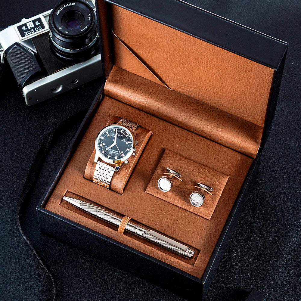 RTS Business Watch Man and Pen and Cuff Bottom Gift Box Set 3Pcs/Set Men's Stainless steel Watches Wrist Promtion Gift Box Set
RTS Business Watch Man and Pen and Cuff Bottom Gift Box Set 3Pcs/Set Men's Stainless steel Watches Wrist Promtion Gift Box Set