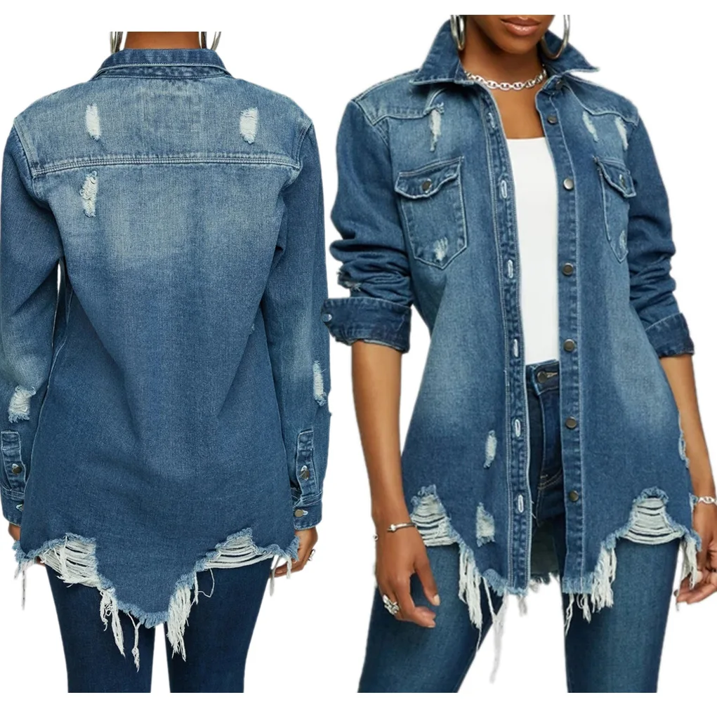 High Quality Long Sleeve Ripped Distressed Jacket Turn-down Collar Women Coat Button Up Women Tops, Customized color
High Quality Long Sleeve Ripped Distressed Jacket Turn-down Collar Women Coat Button Up Women Tops, Customized color