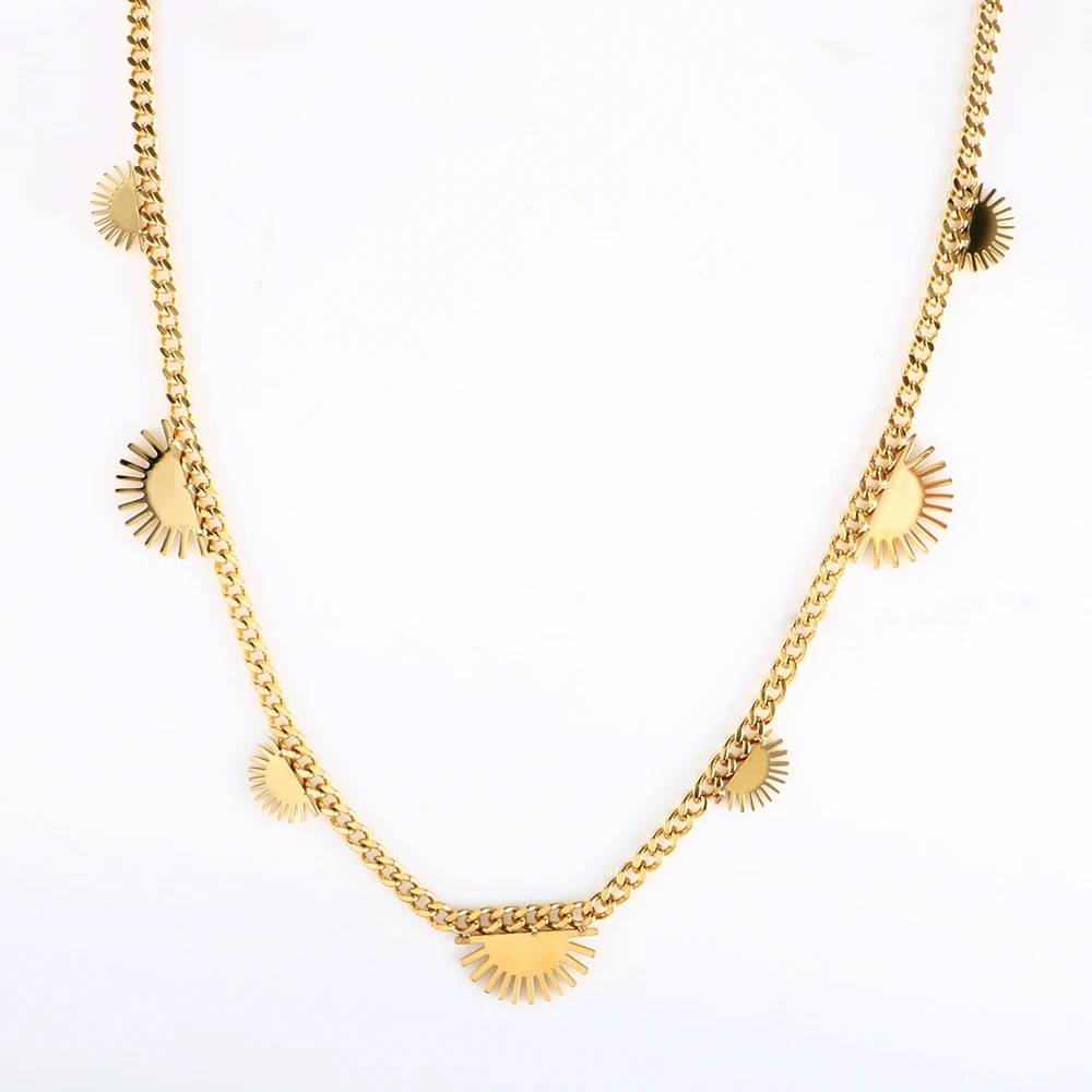 Wholesale Tarnish Free Stainless Steel 18K Gold Plated Charm Necklace Sunrise Sun Cuban Chain Tassel Necklace Jewelry For Women
Wholesale Tarnish Free Stainless Steel 18K Gold Plated Charm Necklace Sunrise Sun Cuban Chain Tassel Necklace Jewelry For Women