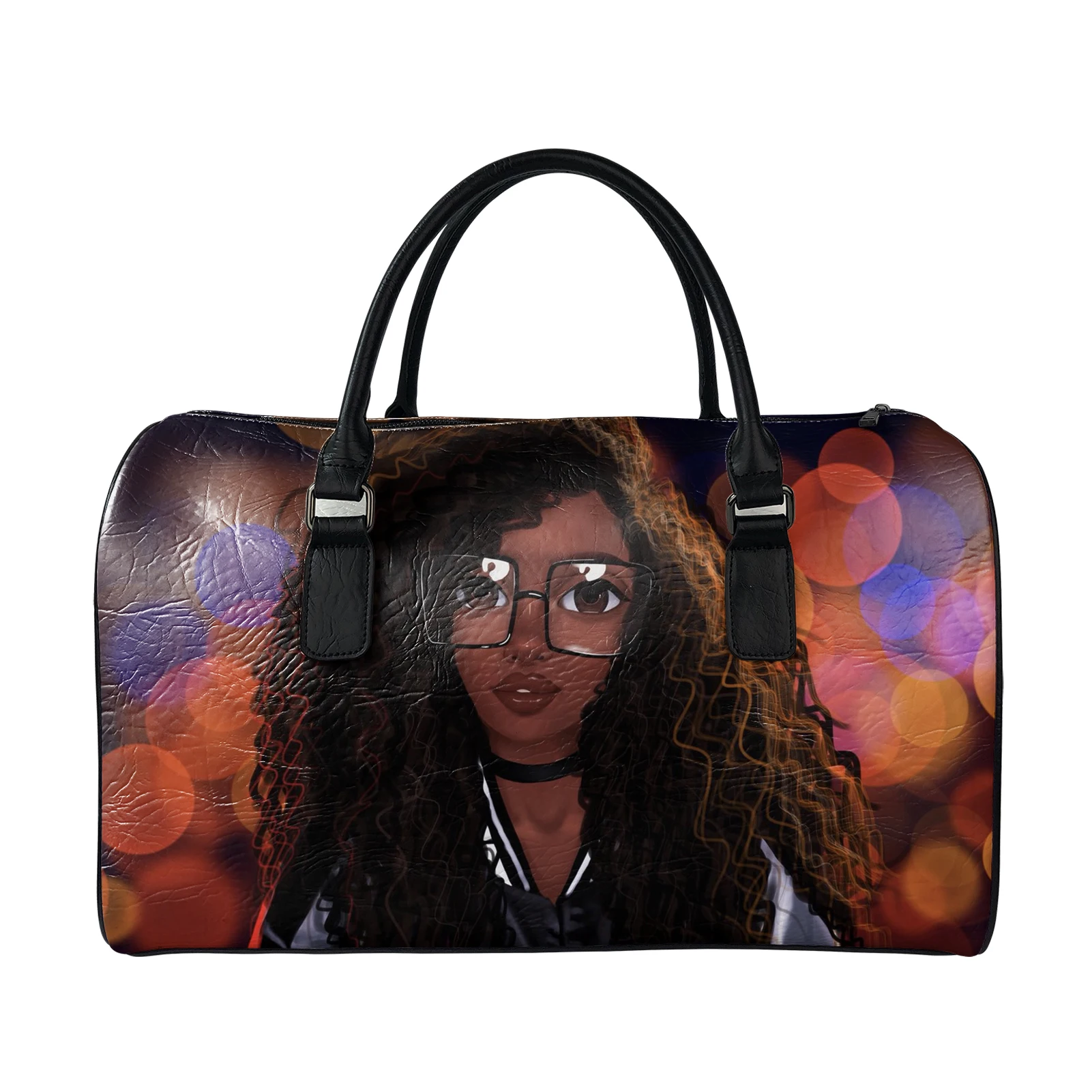

African American Black Girl Print Duffle Bag Logo Large Travel Weekender Overnight Bag Waterproof Leather Tote Bag Birthday Gift, Customized color