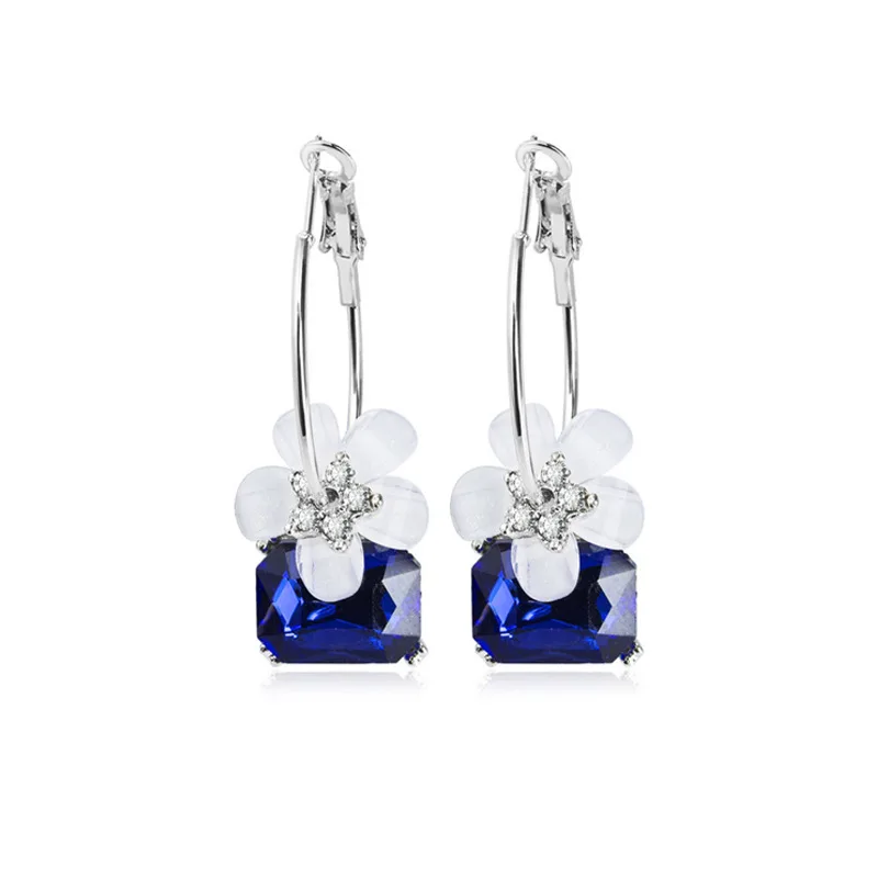 blue square crystal dangle earrings for women new fashion white crystal flower accessories female earrings jewelry, As shown 
blue square crystal dangle earrings for women new fashion white crystal flower accessories female earrings jewelry, As shown