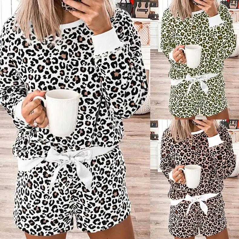 Wholesale Fashion Women's Two Piece Loose Leopard Print Short Long Sleeve Round Neck Comfortable Casual Pajamas Suit, Shown
Wholesale Fashion Women's Two Piece Loose Leopard Print Short Long Sleeve Round Neck Comfortable Casual Pajamas Suit, Shown