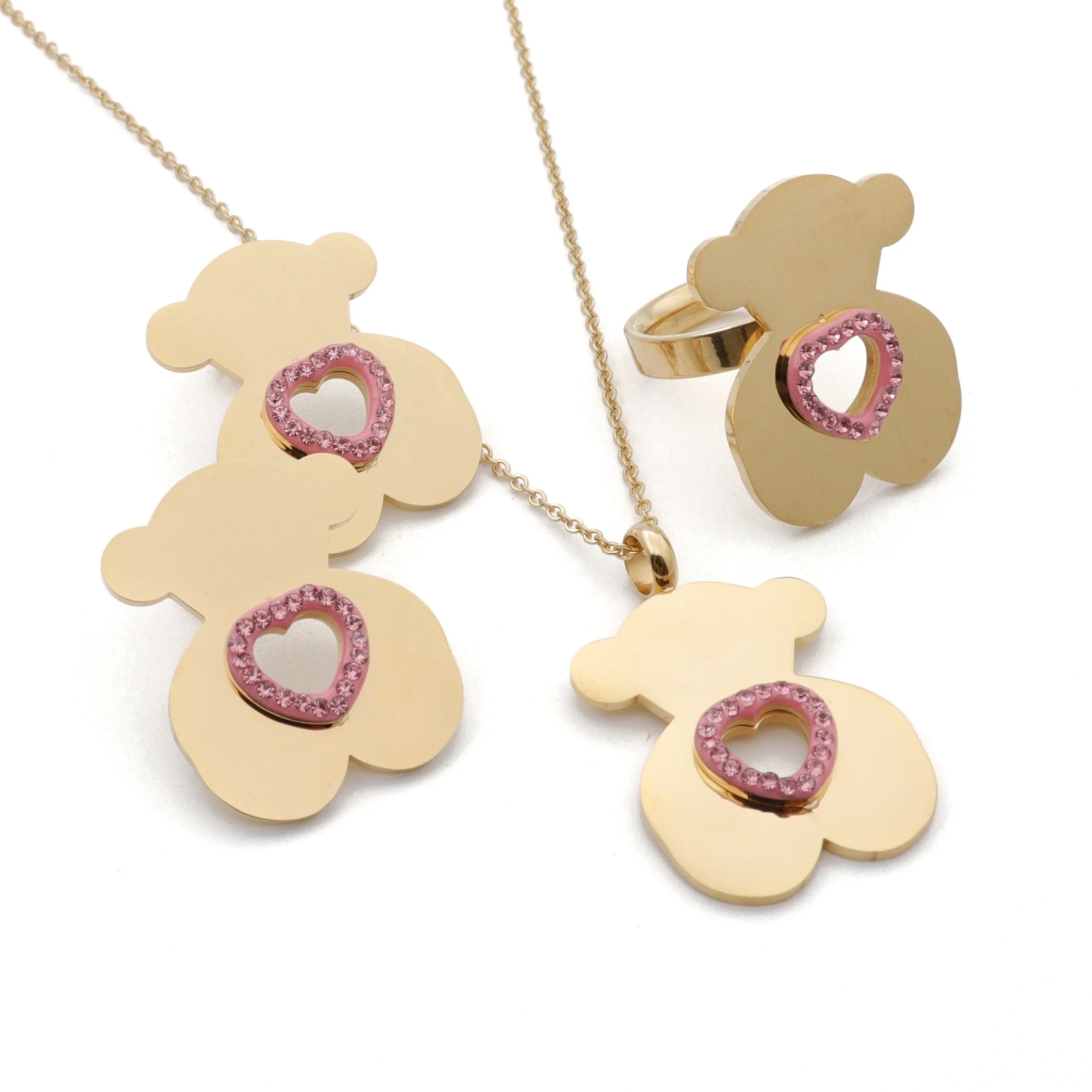 3 Piece Jewellery Bear Cute 18K Pink Stone Heart Set Gold Plated Women Stainless Steel Dubai Jewelry Sets
3 Piece Jewellery Bear Cute 18K Pink Stone Heart Set Gold Plated Women Stainless Steel Dubai Jewelry Sets