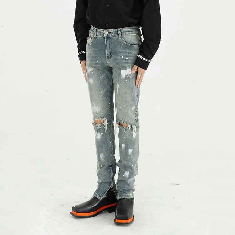 

Mid-rise mens jeans 2021 skinny fit custom jeans distressed bleach splattered stretch mens denim jeans, Customized colors