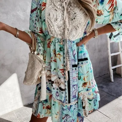 Summer Elegant Tie-up Tassel Lace Mini Dress Casual Floral Print Sequin Party Dress Sexy Women Loose Boho Beach Dress Vestidos
Summer Elegant Tie-up Tassel Lace Mini Dress Casual Floral Print Sequin Party Dress Sexy Women Loose Boho Beach Dress Vestidos