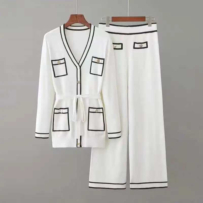 820 Elegant Single Breasted V-Neck Belted Cardigan sweaters set Wide Leg Pants Suit 2 Piece Sets Knitwear Office Wear
820 Elegant Single Breasted V-Neck Belted Cardigan sweaters set Wide Leg Pants Suit 2 Piece Sets Knitwear Office Wear