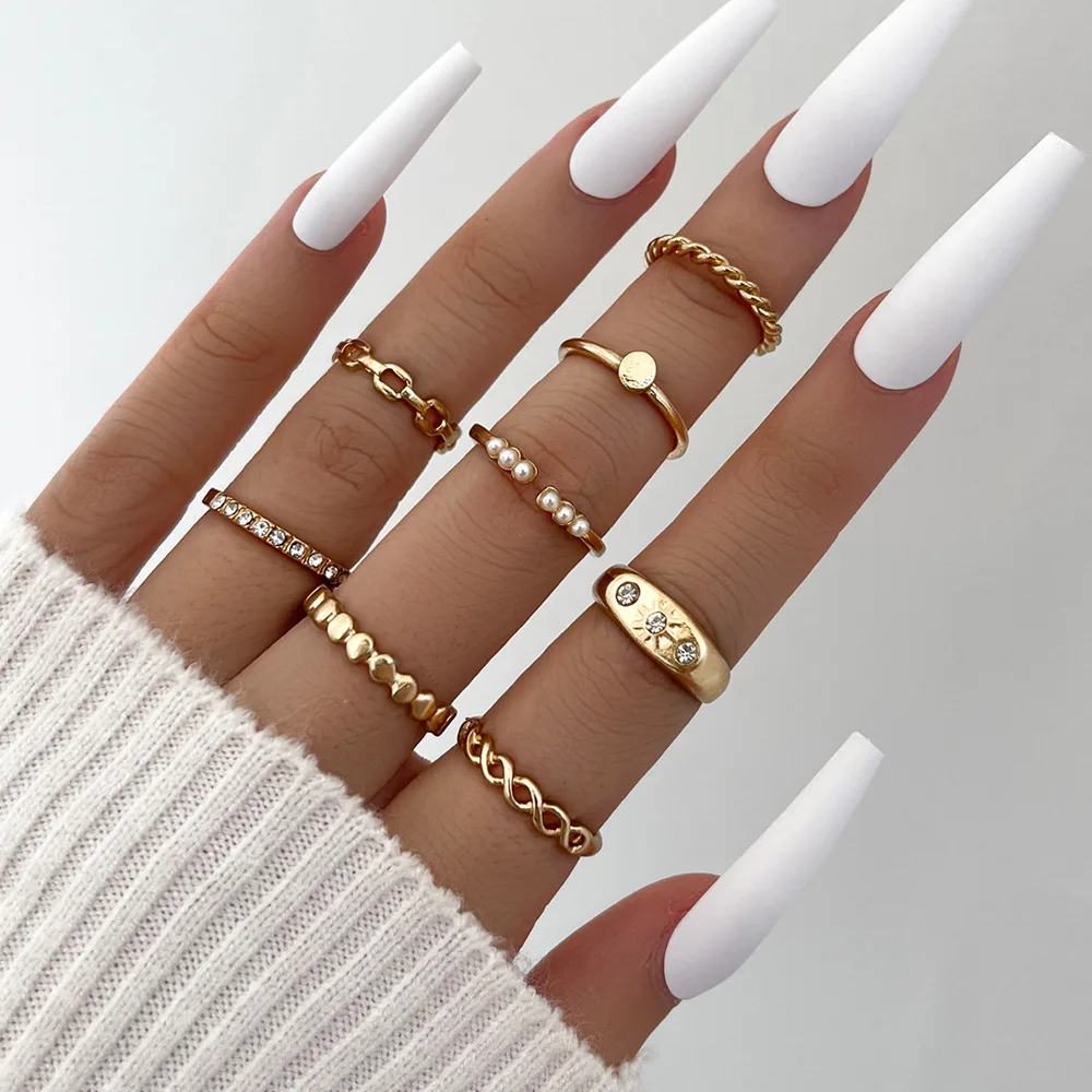 8 Pcs/set exquisite small alloy rhinestone finger rings jewelry girls wedding pearl rings, Gold plated
8 Pcs/set exquisite small alloy rhinestone finger rings jewelry girls wedding pearl rings, Gold plated