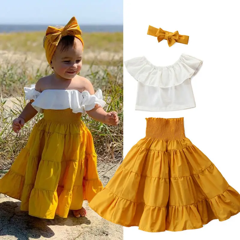2020 kids Baby Girls Off Shoulder Ruffle Top Shirt Elastic Waist Dress Headband 3Pcs clothes set Solid Summer girls Outfit, As picture
2020 kids Baby Girls Off Shoulder Ruffle Top Shirt Elastic Waist Dress Headband 3Pcs clothes set Solid Summer girls Outfit, As picture