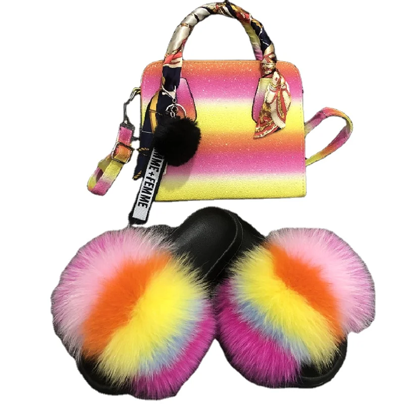 Fur Slides and Purse Set Women Rainbow Sandals With Matching Purses Fluffy Slippers Brand Bag Exquisite Party Sandals Wholesale
Fur Slides and Purse Set Women Rainbow Sandals With Matching Purses Fluffy Slippers Brand Bag Exquisite Party Sandals Wholesale